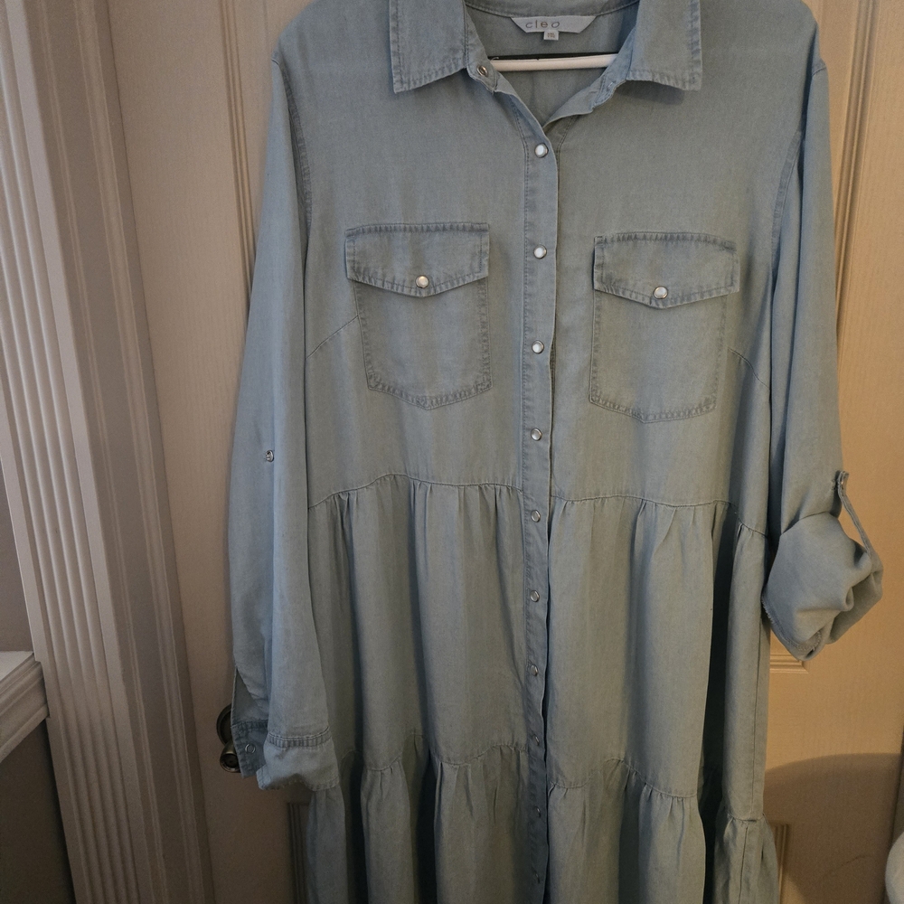 Cleo Sky Blue Button-Up Tiered Shirt Dress - New Without Tags